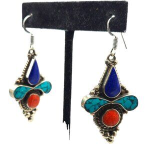 Sterling Silver Lapis Turquoise Coral Earrings 2.5" Signed 925 Boho Tribal